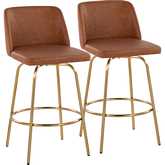 Toriano 26" Swivel Counter Stool in Camel Leatherette & Gold with Round Footrest (Set of 2)